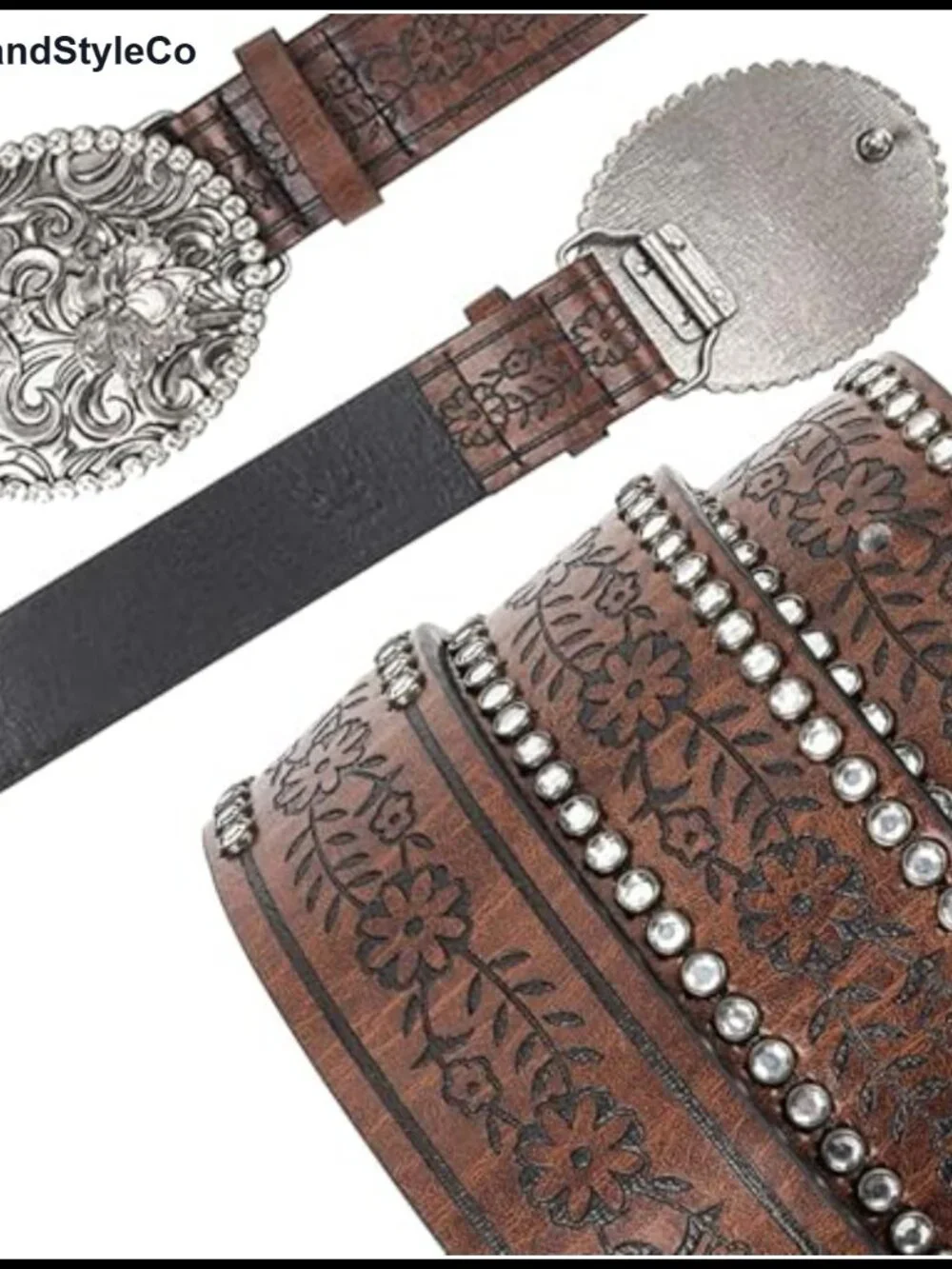 Women's PU Leather Western Belt with Rhinestone Buckle, 45 inch